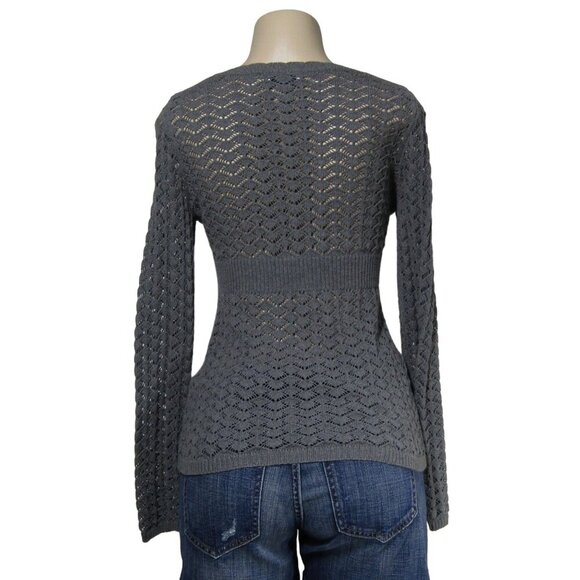 ANN TAYLOR LOFT S P Y2K CROCHET Open Knit Pointelle Henley Sweater Top Gray - Picture 5 of 10